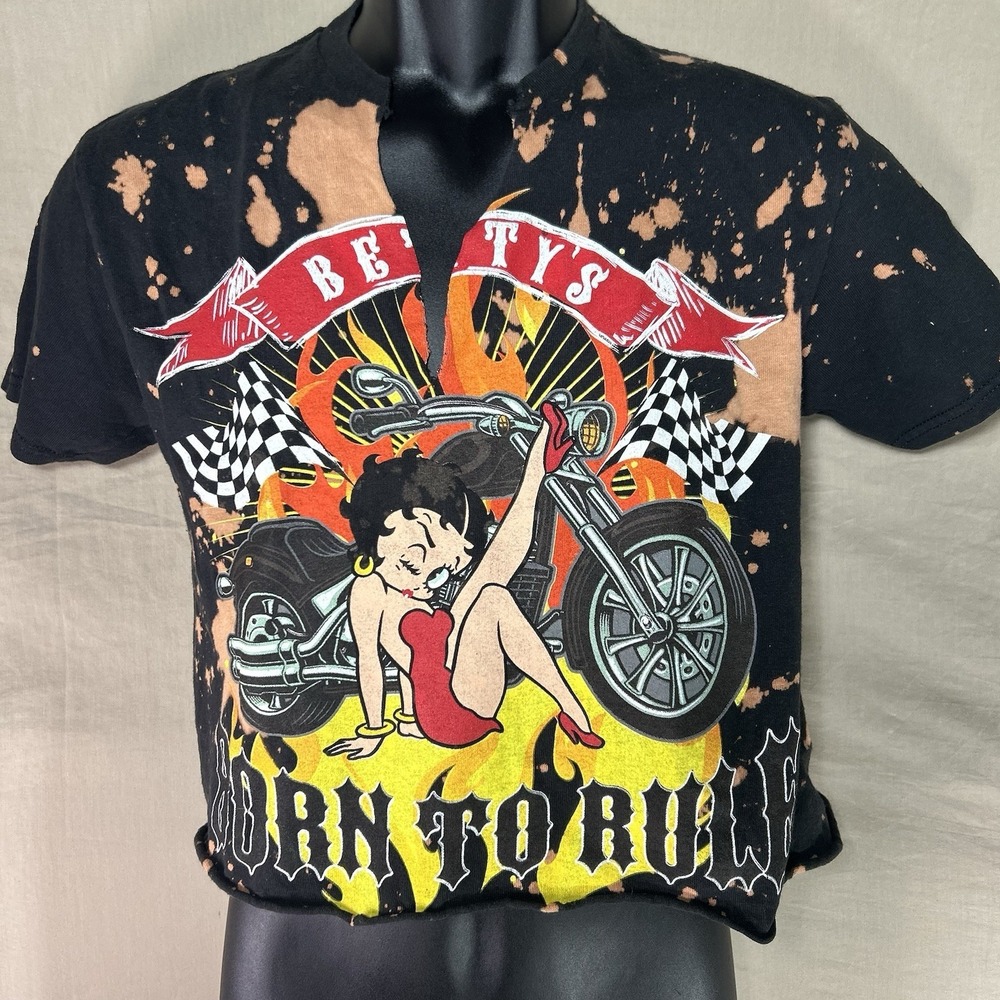 Betty Boop Born To Rule Biker Graphic Tee Small Bleached Cropped